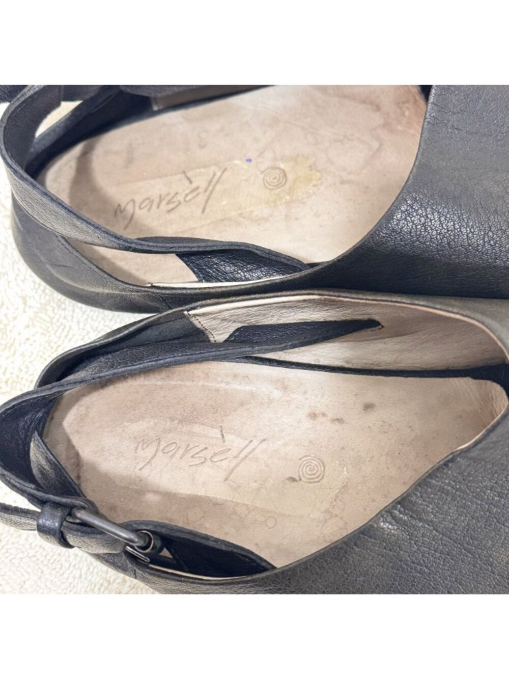 Marsèll Women Black Leather Slingback Flat Sandals Peep Toe Buckle Italy 10.5 - Picture 6 of 11
